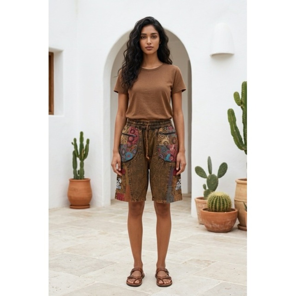 Rising International Boho Patchwork Mushroom Shorts XL Brown Acid Wash NWT